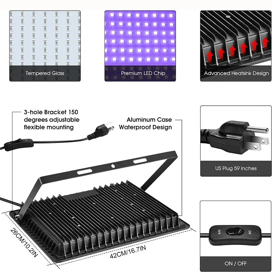 100W 200W LED Black Light Outdoor Blacklight Flood Light with Plug Waterproof Blacklight Spotlight for Neon Glow Party Decor